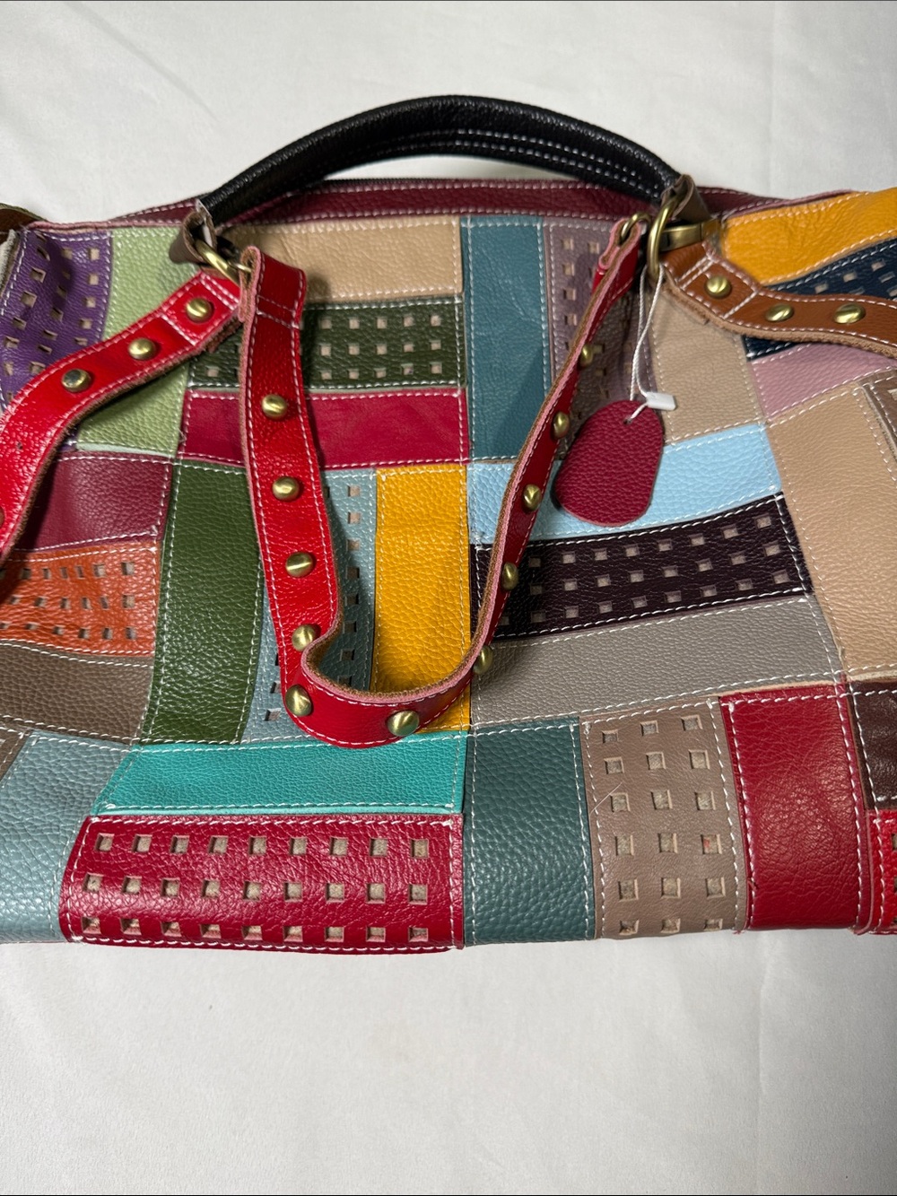 Colorful Striped Leather Shoulder Bag with Studded Strap - Picture 13 of 13